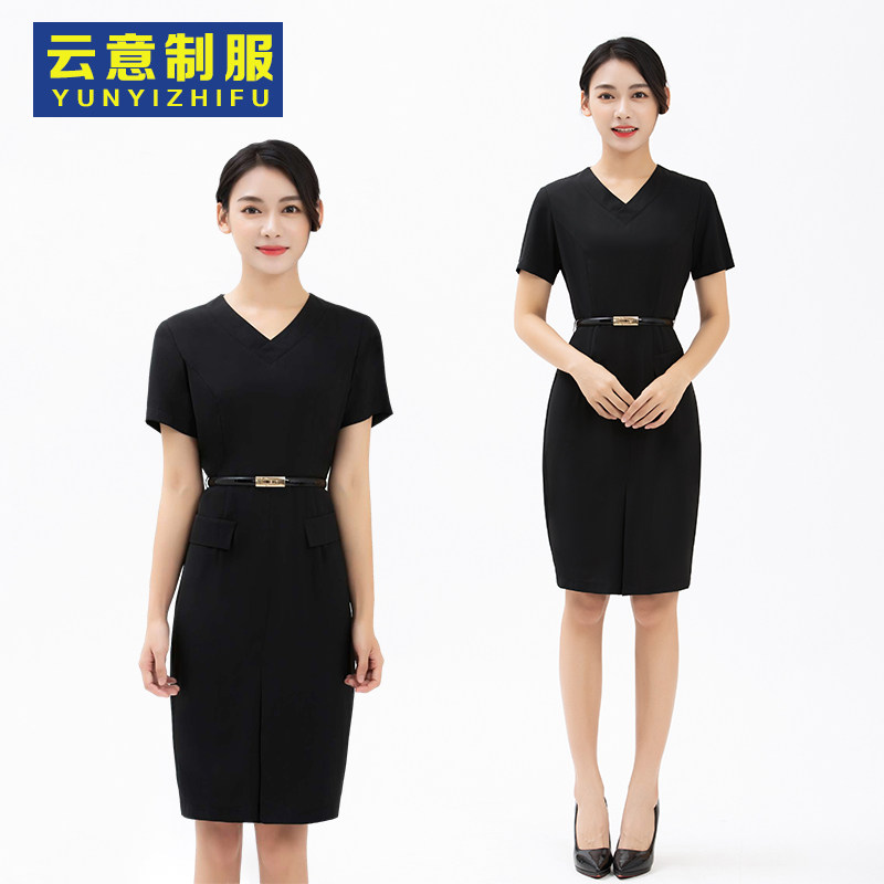 工作服夏季短袖连衣裙黑色V领