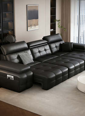 室也意式极简劳伦斯电动功能真皮沙发客厅直排复古黑色伸缩沙发床