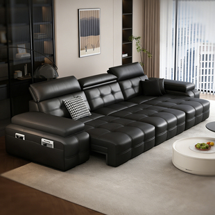 极简劳伦斯电动功能真皮沙发客厅直排复古黑色伸缩沙发床 室也意式