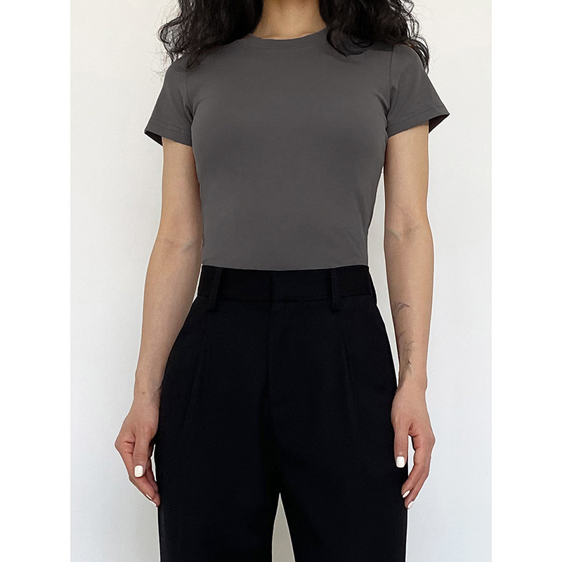 swagal女装 夏季新款欧美复古百搭圆领修身显瘦棉布短袖t恤女上衣