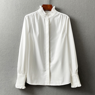 法式巨气质~木耳边立领白衬衫单穿叠穿巨美百搭长袖暗扣开衫上衣