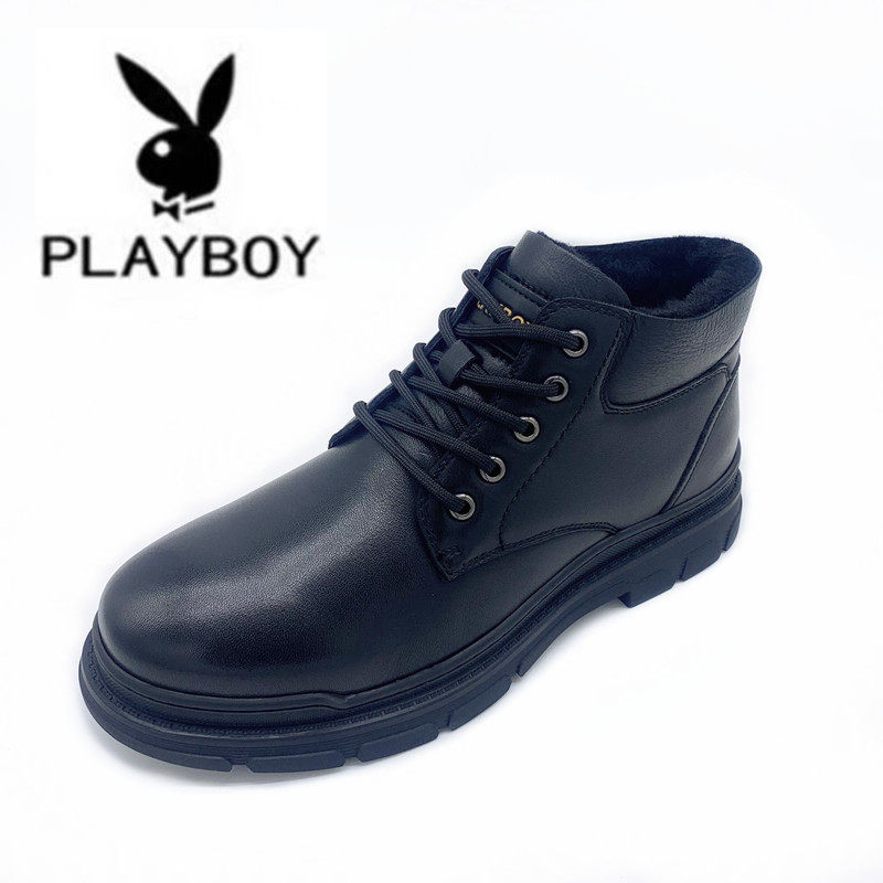 花花公子男鞋2022冬季羊毛皮毛一体高帮保暖棉鞋商务休闲防滑皮鞋
