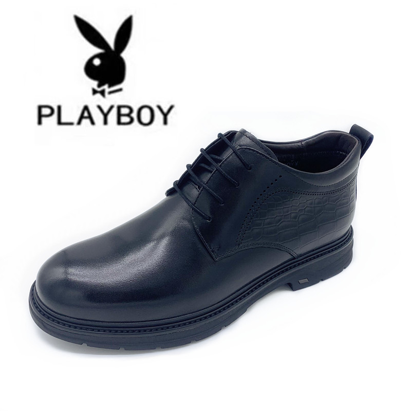 花花公子男鞋2023冬季新款英伦商务正装皮鞋加绒保暖棉鞋真皮高帮