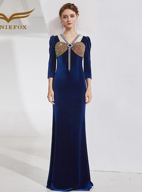 创意狐秋冬长袖丝绒晚礼服裙优雅显瘦蓝色鱼尾裙长款舞台表演出服
