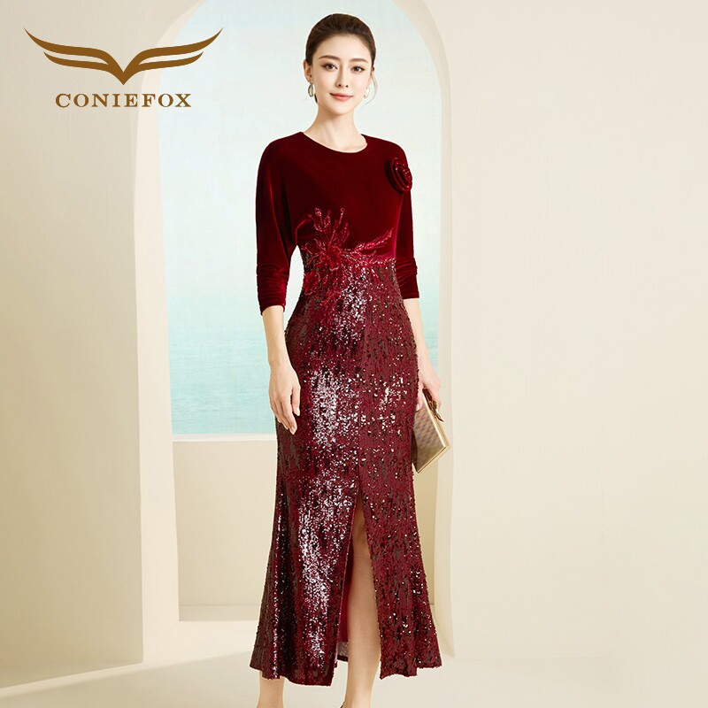 创意狐晚礼服红色丝绒秋冬新款喜妈妈婚宴礼服长袖端庄大气鱼尾裙