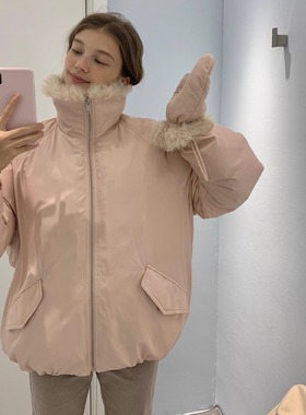 KERNEL COSMOS都柏林粉雾 冬甜美氛围拼接毛毛花苞手套派克羽绒服