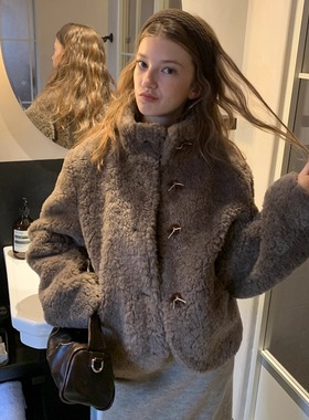 KERNEL COSMOS 栗松雪笺 冬季立领温暖毛毛皮草慵懒手工扣厚外套