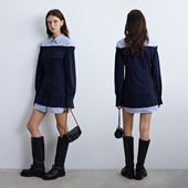 早春高级休闲学院风撞色衬衫 KERNEL COSMOS 假两件连衣裙