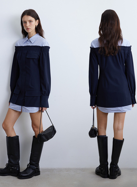 KERNEL COSMOS 早春高级休闲学院风撞色衬衫假两件连衣裙