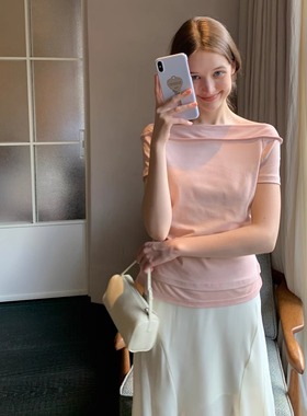 KERNEL COSMOS“清桃甜酒”假两件拼接设计感修身掐腰短袖上衣