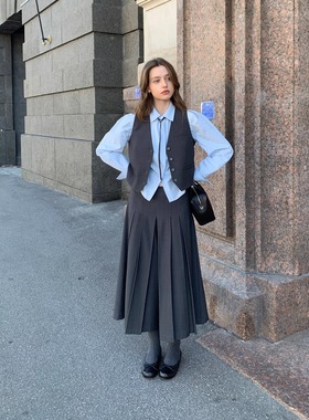 KERNEL COSMOS 塔斯学派 格雷系时髦V领系扣西装马甲百褶裤裙
