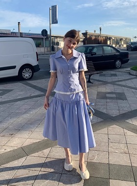 KERNEL COSMOS托斯卡纳小镇 南法风情格纹收腰花边短衬衫半裙套装