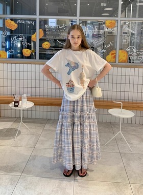 KERNEL COSMOS“海盐柠檬糖” 盐系清爽感抽褶花边格纹A字半身裙