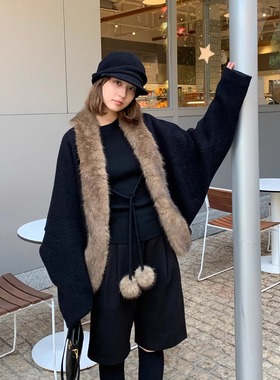 KERNEL COSMOS黑松露信笺 冬复古茧型毛领慵懒蝙蝠袖毛呢开衫外套