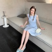 KERNEL 复古船领气质荷叶边亚麻收腰连衣裙 法式 COSMOS 蓝椰海盐