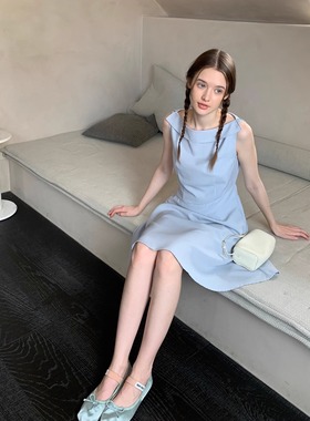 KERNEL COSMOS 蓝椰海盐 法式复古船领气质荷叶边亚麻收腰连衣裙