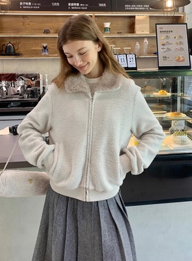 KERNEL COSMOS暖雪云朵 冬季温暖羊羔绒感撞色毛毛翻领休闲短外套