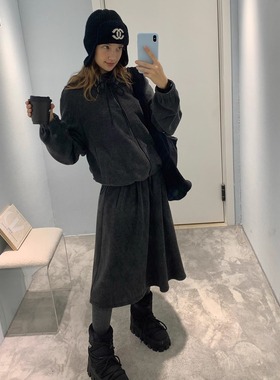 KERNEL COSMOS摩根雪夜 绒感极简休闲立领抽绳拉链外套半身裙套装