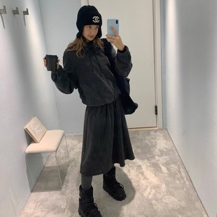 绒感极简休闲立领抽绳拉链外套半身裙套装 KERNEL COSMOS摩根雪夜