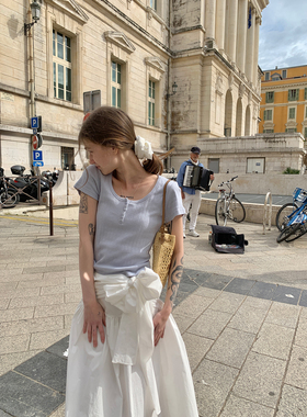 KERNEL COSMOS 夏日甜美 U领系扣修身显瘦学院风百搭打底T恤上衣