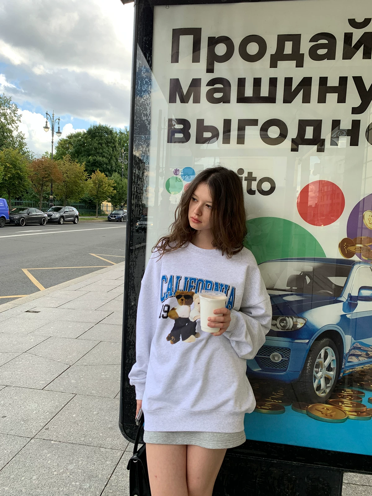 [КЕРНЕЛ КОСМОС Медвежий дневник академический винтажный повседневный принтованный круглой горловины свитер свободный худи]