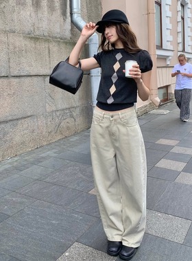 KERNEL COSMOS 波普佩里斯 秋miu系菱格美丽诺羊毛圆领短袖针织衫