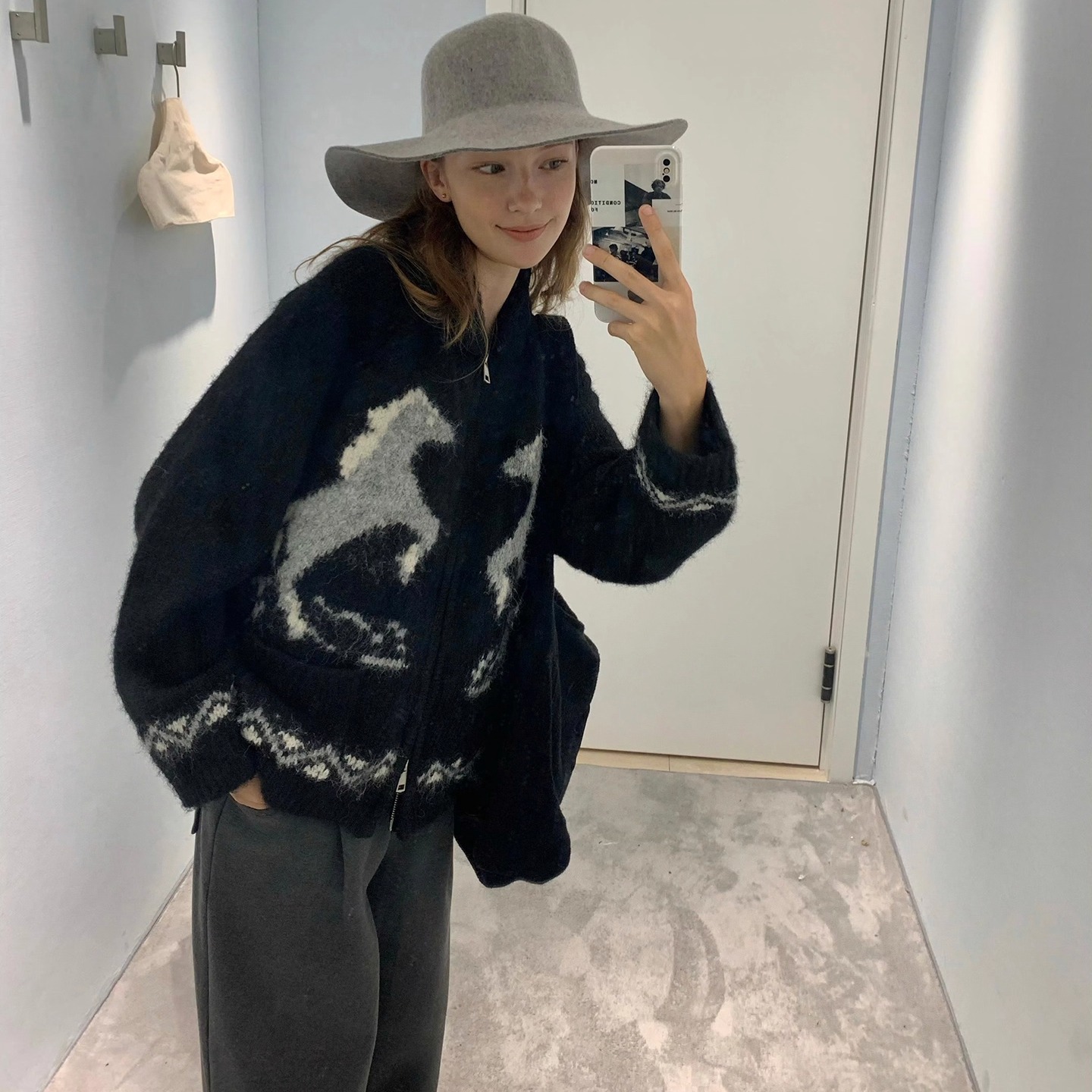 果核宇宙古着感青果领羊毛开衫