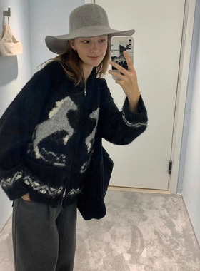 KERNEL COSMOS 小马踏雪 秋冬慵懒古着感提花青果领羊毛毛衣开衫