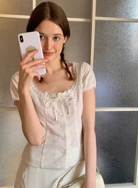 KERNEL COSMOS 柔雾白月光 法式甜美圆领系带肌理感浮雕提花上衣