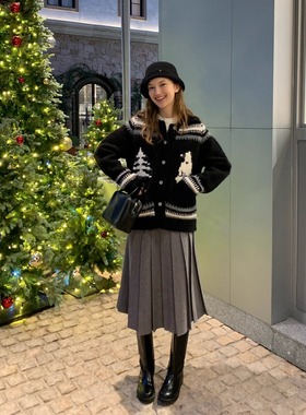 KERNEL COSMOS威斯曼森林 圣诞氛围松树雪人复古提花慵懒毛衣开衫