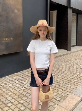 KERNEL COSMOS冰氧夏日 极简圆领褶皱拼接修身显瘦短袖T恤