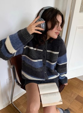 KERNEL COSMOS冬雪条纹 北欧慵懒风时髦撞色条纹翻领宽松羊毛开衫