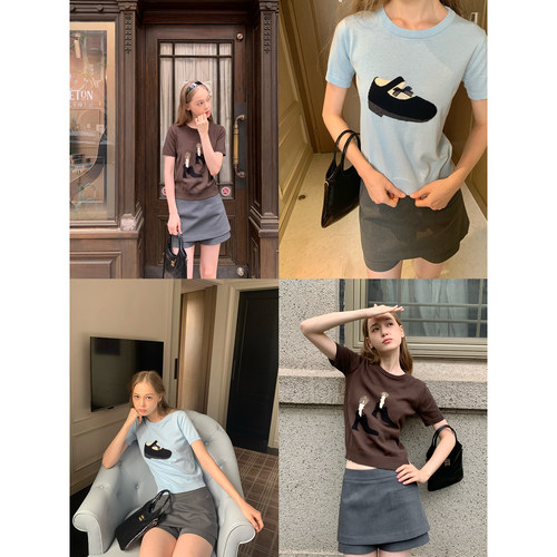 果核宇宙画报少女感撞色提花上衣