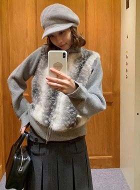 KERNEL COSMOS 小灰鹿 冬季时髦纹理环保皮草拼接针织假两件外套