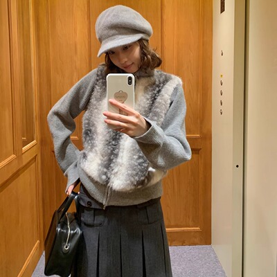 果核宇宙环保皮草拼接针织外套