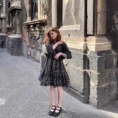 KERNEL COSMOS多洛米蒂 宅寂风夏日复古印花连衣裙系扣宽松娃娃裙