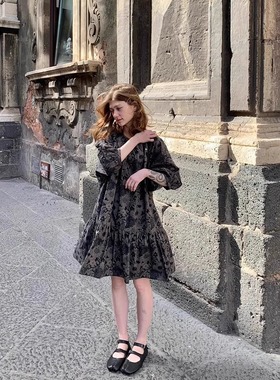 KERNEL COSMOS多洛米蒂 宅寂风夏日复古印花连衣裙系扣宽松娃娃裙