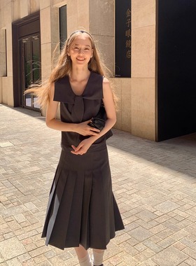 KERNEL COSMOS 利兹美院生 海军领蝴蝶结背心上衣百褶半身裙套装