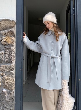 KERNEL COSMOS 傍晚时分 冬翻领收腰系带手工双面呢羊毛大衣