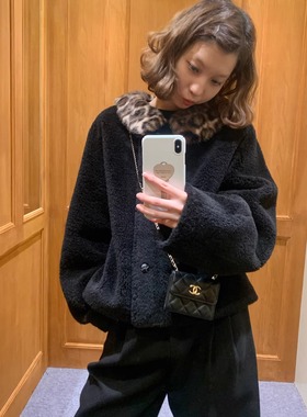 KERNEL COSMOS黑松露豹猫 古早氛可拆卸豹纹领皮毛一体短毛绒外套