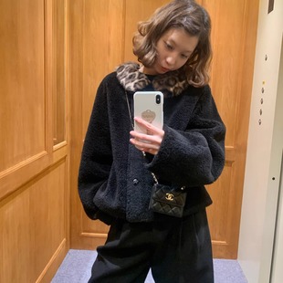 KERNEL COSMOS黑松露豹猫 古早氛可拆卸豹纹领皮毛一体短毛绒外套