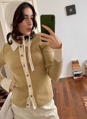 KERNEL COSMOS 开心果咸酪 时髦法式撞色polo领修身羊毛打底上衣