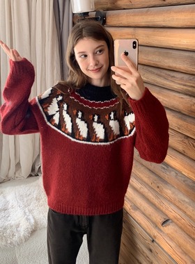 KERNEL COSMOS 节日牧场 北欧风氛围感红色撞色提花羊毛圆领毛衣