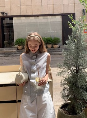 KERNEL COSMOS 热夏薄荷岛 miu系学院风可拆领带条纹无袖衬衫上衣