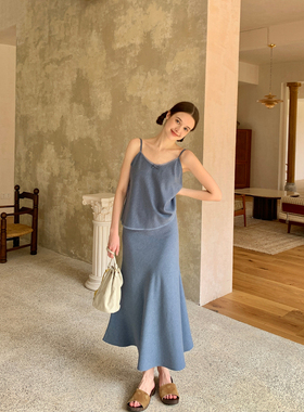 KERNEL COSMOS蓝调盛夏 少女感天丝拼纱蝴蝶结吊带上衣鱼尾裙套装