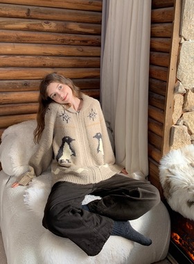 KERNEL COSMOS 企鹅公园 北欧复古提花翻领卡通拉链针织羊毛开衫