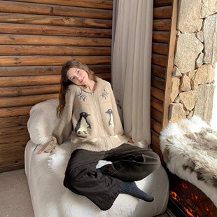 北欧复古提花翻领卡通拉链针织羊毛开衫 企鹅公园 COSMOS KERNEL