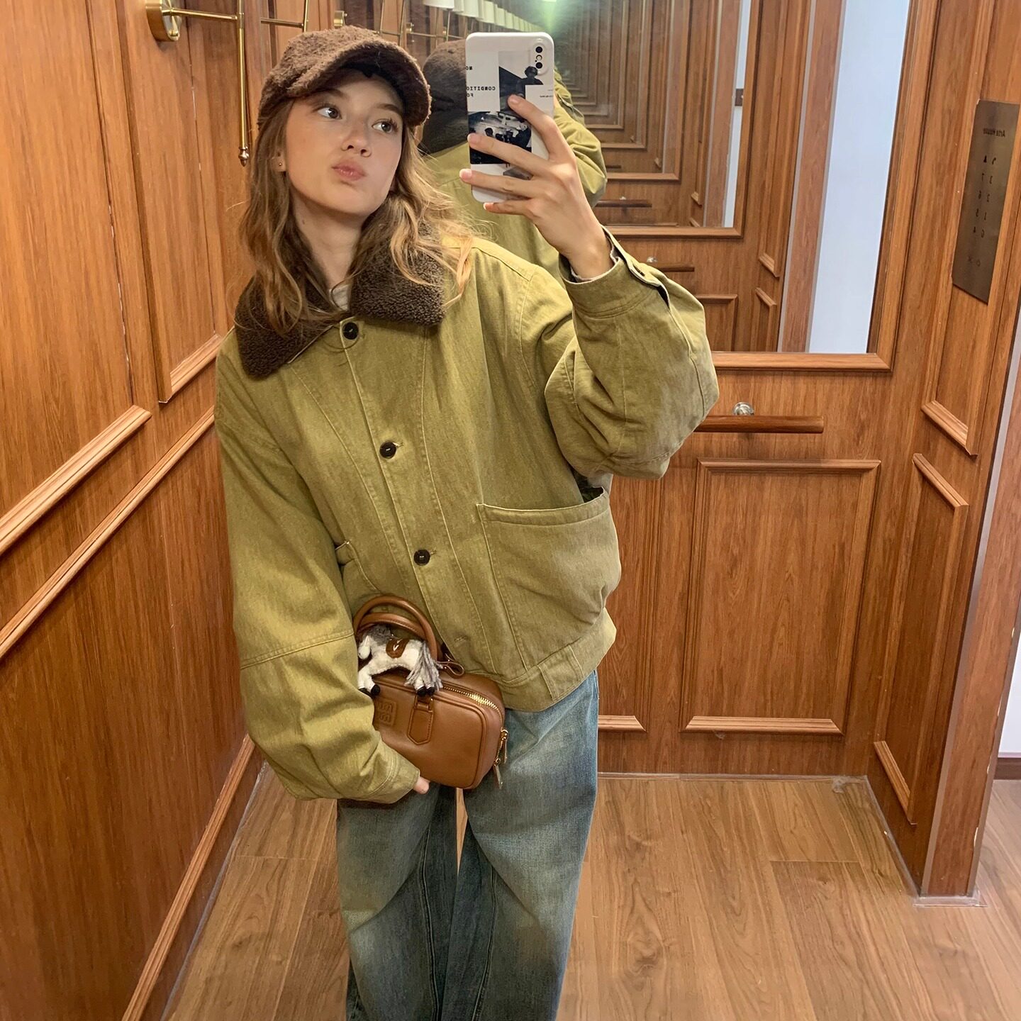 果核宇宙巴恩风羊羔毛领牛仔外套