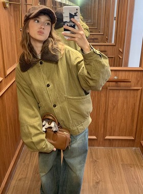 KERNEL COSMOS 焦糖司康 可拆卸羊羔毛领洗水做旧牛仔工装外套