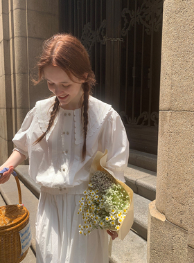 KERNEL COSMOS 伊甸园少女 法式复古刺绣领衬衫小白裙套装